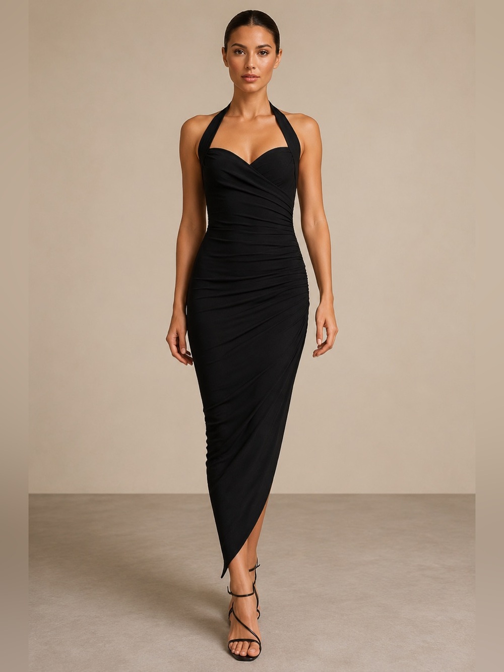 Norma Kamali Black Halter Ruched Asymmetrical Dress Bodycon Cocktail Evening